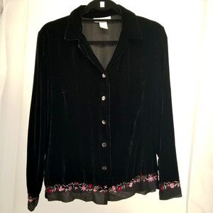 Silk Blend Velvet Shirt Jacket w Floral Embroidery, 14